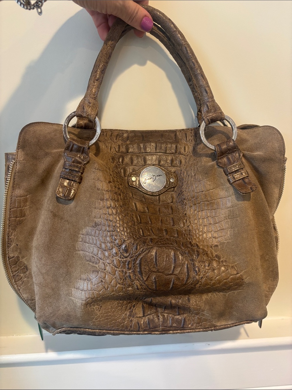Junior Drake Brown Croc-Embossed Suede Tote Bag/ satchel